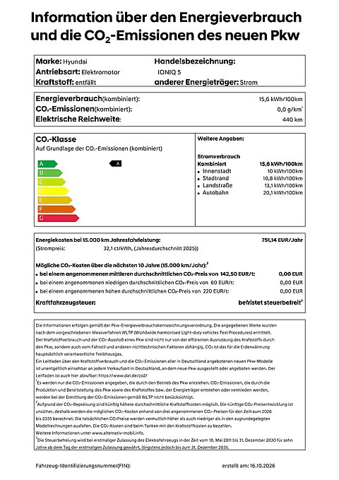 Energieverbrauch und CO₂-Emissionen Hyundai IONIQ 5 Elektroauto