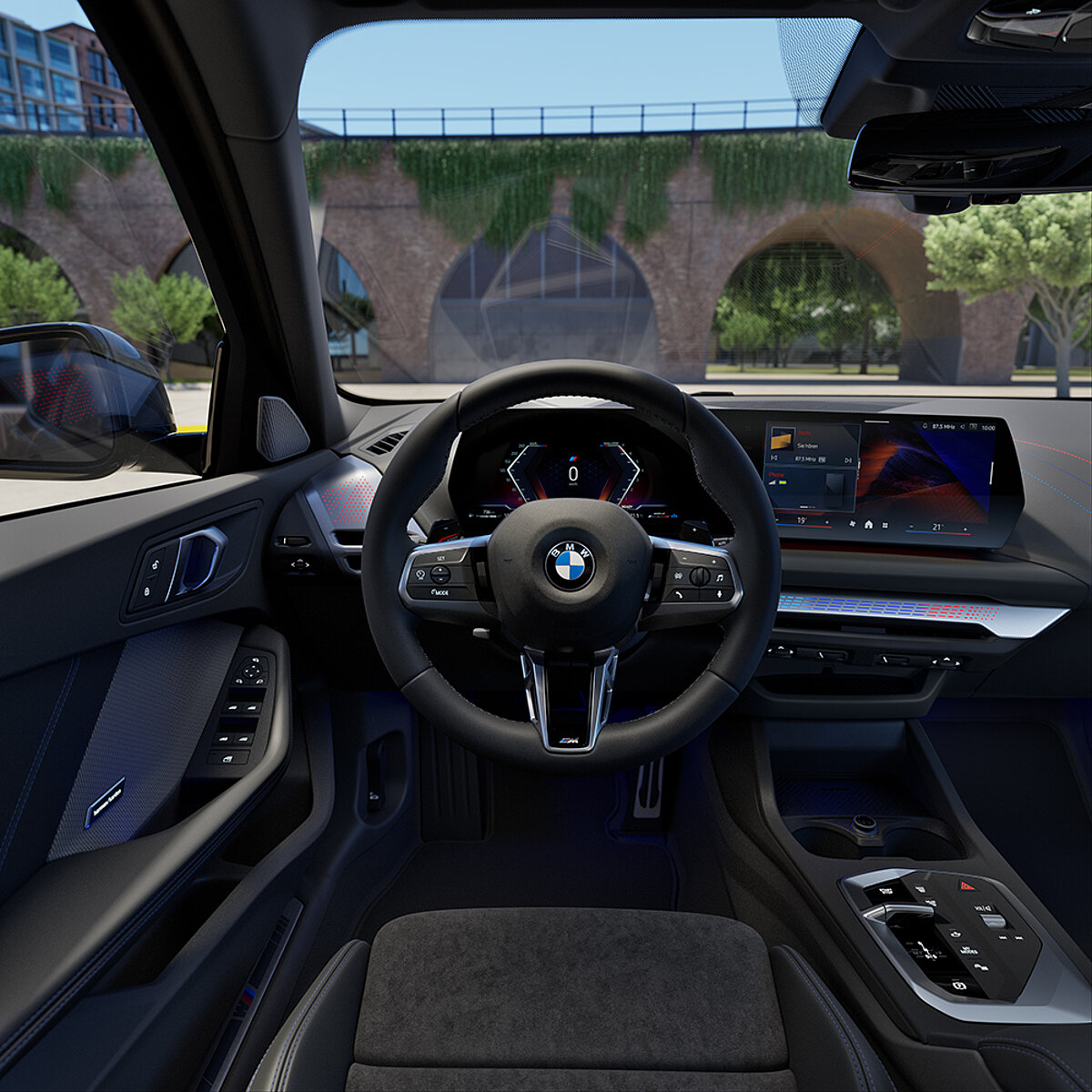 Cockpit eines modernen BMW mit Stadtlandschaft im Hintergrund