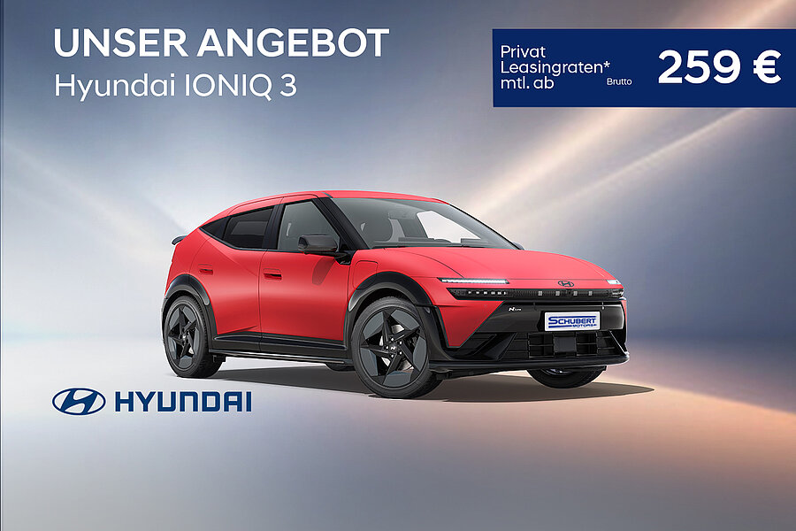Rotes Hyundai IONIQ 3 Modell mit Leasingpreis von 259 Euro