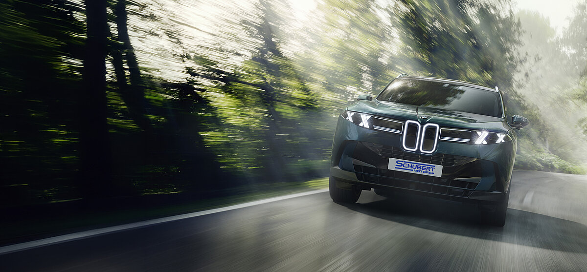 Schwarzer BMW fährt schnell durch grünen Wald